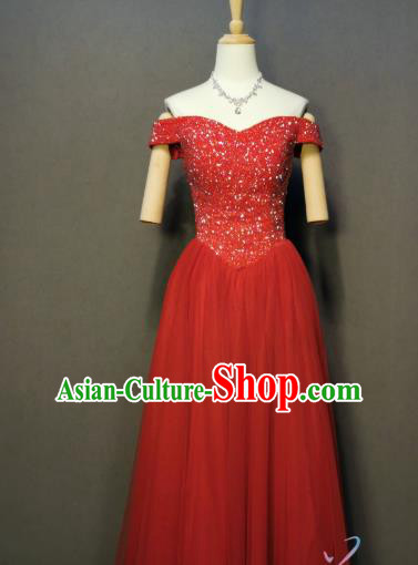 Bride Toast Red Off Shoulder Dress Evening Wear Compere Full Dress Annual Meeting Costumes