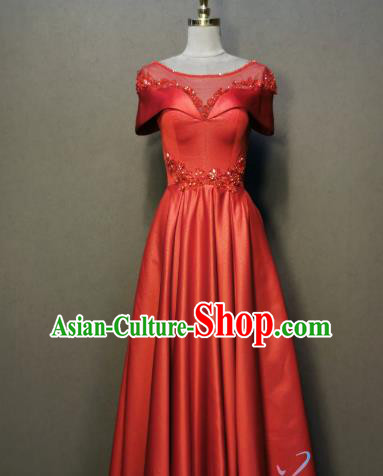 Evening Wear Compere Full Dress Annual Meeting Costumes Bride Toast Red Satin Dress