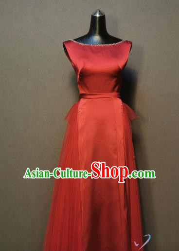 Compere Full Dress Evening Wear Annual Meeting Costumes Bride Toast Wine Red Satin Dress
