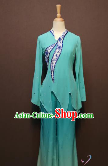 China Folk Dance Costumes Fan Dance Dress Spring Festival Gala Blue Blouse and Pants Outfits