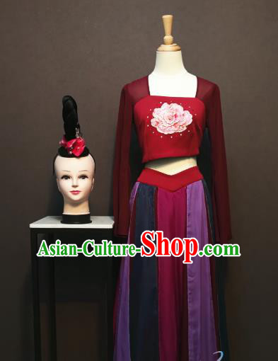 China Spring Festival Gala Wine Red Blouse and Skirt Outfits Women Flying Dance Dress Classical Dance Costumes and Headwear