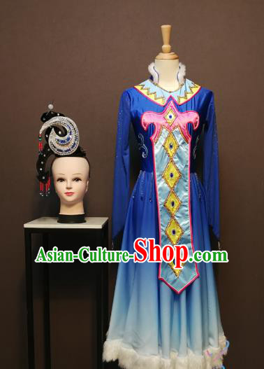 China Traditional Ewenki Nationality Costumes Mongol Ethnic Folk Dance Clothing Mongolian Minority Dance Blue Dress and Headdress for Women