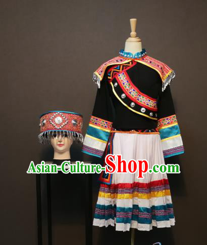 China Traditional Nationality Minority Costumes Sibo Ethnic Folk Dance Clothing Women Black Blouse and Skirt with Headdress