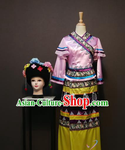 China Traditional Wa Nationality Costumes Bouyei Minority Women Pink Blouse and Skirt Ethnic Folk Dance Clothing with Headwear