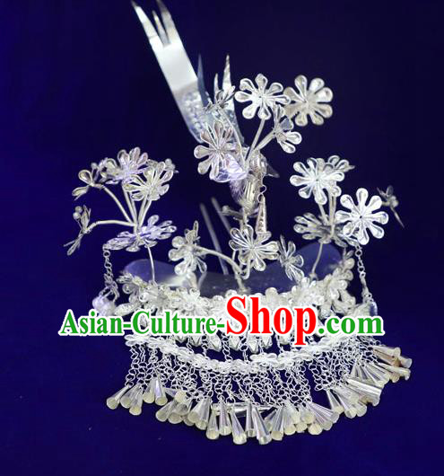 Chinese Miao Nationality Silver Bird Hair Crown Guizhou Ethnic Women Hair Accessories Tassel Hairpins