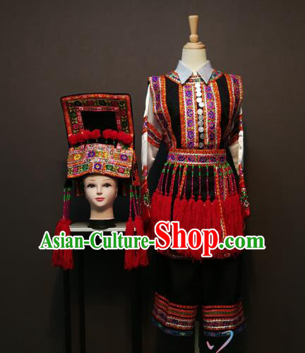 China Traditional She Nationality Costumes Ethnic Folk Dance Clothing Xiangxi Yi Minority Women Top and Skirt with Hat