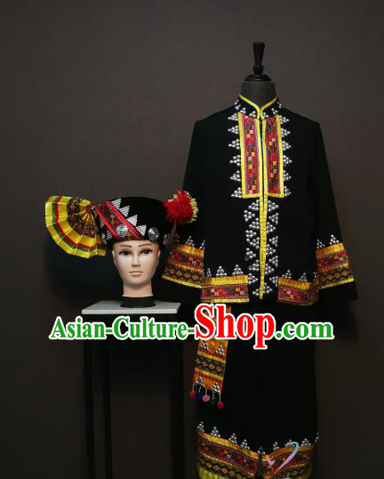 China Traditional Yunnan Nationality Men Costumes Ethnic Folk Dance Clothing Dai Minority Black Shirt and Pants with Hat