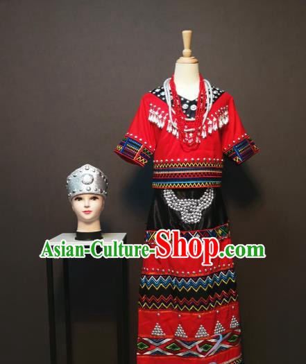 China Traditional Wa Nationality Red Blouse and Skirt Outfits Ethnic Folk Dance Clothing Yun Minority Festival Costumes with Headdress