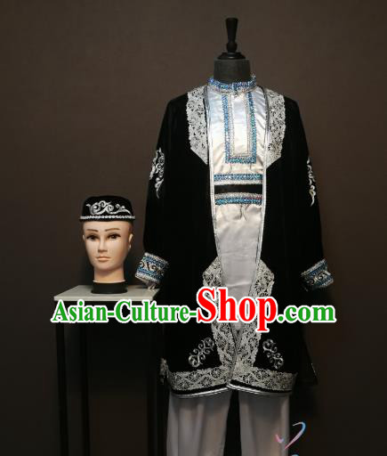 China Traditional Xinjiang Ethnic Dance Clothing Uyghur Nationality Black Shirt and Pants Minority Men Costumes and Headwear