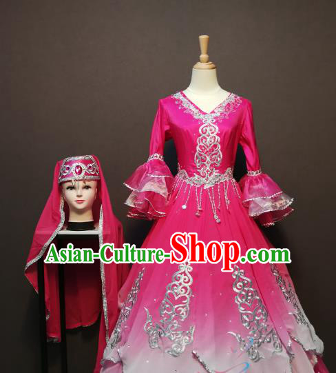 China Traditional Xinjiang Ethnic Folk Dance Clothing Minority Women Costumes Kazak Nationality Embroidered Rosy Dress and Headwear