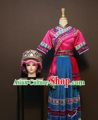 Custom China Traditional Li Li Ethnic Folk Dance Clothing Yunnan Minority Women Costumes Pumi Nationality Rosy Blouse and Blue Long Skirt and Hat