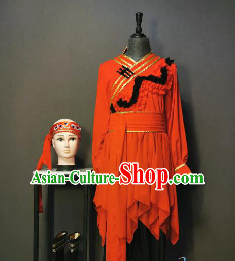 Custom China Traditional Mongolian Ethnic Folk Dance Clothing Minority Women Costumes Mongol Nationality Red Dress and Headpiece