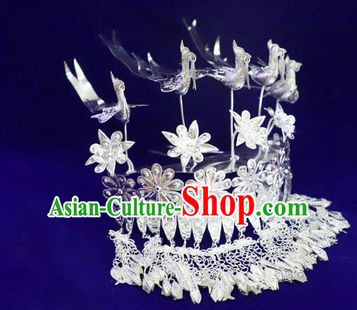 Chinese Miao Ethnic Women Hair Accessories Guizhou Miao Nationality Silver Five Birds Hair Crown Tassel Hairpins