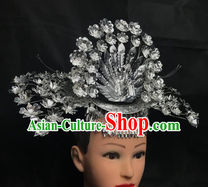 Handmade China Miao Minority Nationality Hair Accessories Dong Ethnic Folk Dance Headdress Peacock Hair Crown and Hairpins Set