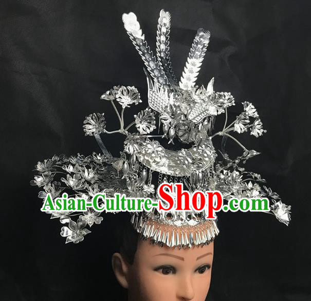 China Miao Minority Nationality Hair Accessories Handmade Dong Ethnic Folk Dance Headdress Phoenix Hair Crown Tassel Hair Comb and Hairpins Full Set