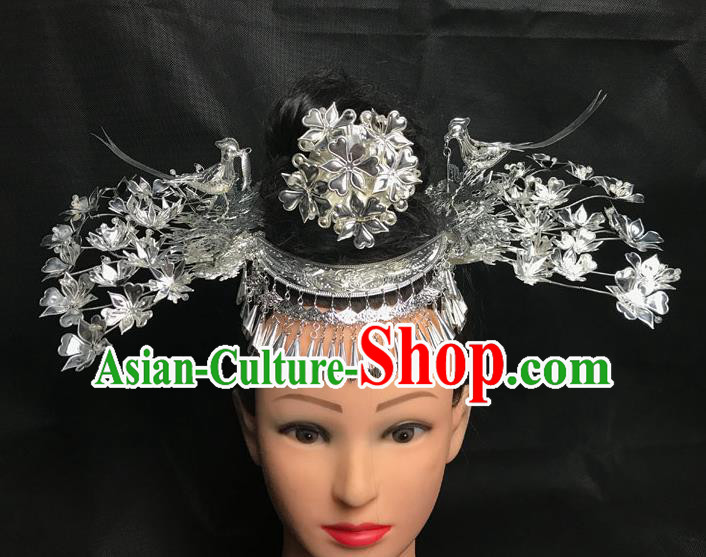 China Minority Flower Hair Crown and Bird Hairpins Miao Nationality Hair Accessories Handmade Dong Ethnic Folk Dance Headdress