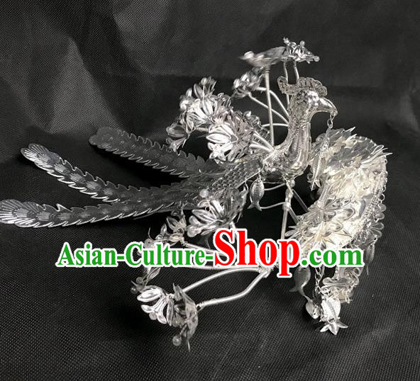 China Minority Bride Argent Phoenix Hair Crown Handmade Ethnic Hairpin Miao Nationality Hair Accessories