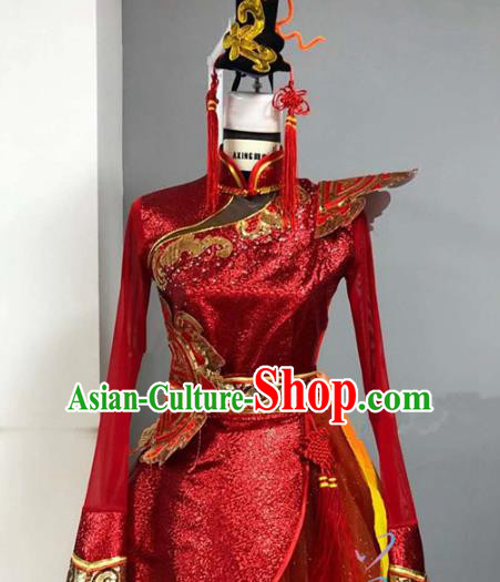 Traditional China Classical Dance Costume New Year Drum Dance Red Dress and Hair Accessories for Women