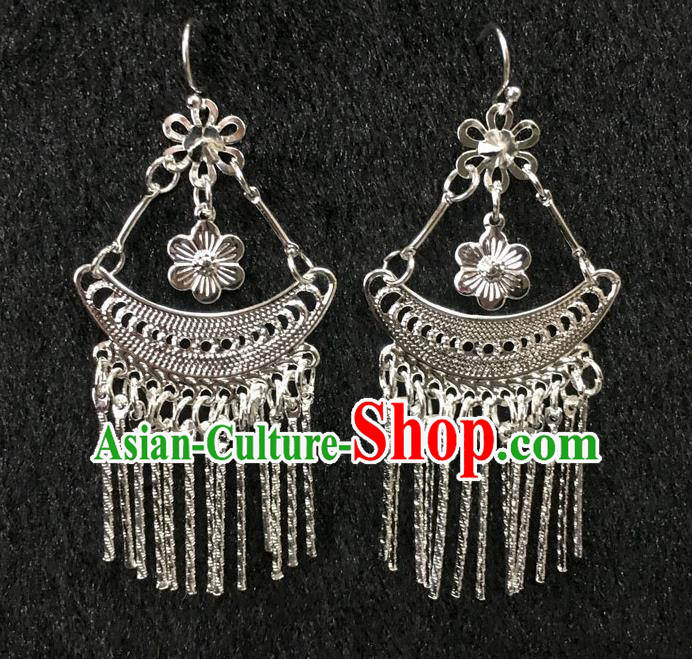 China National Argent Tassel Earrings Handmade Ethnic Minority Women Eardrop Stage Performance Ear Accessories