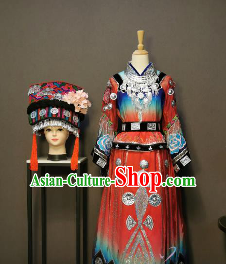 China Traditional Miao Nationality Costumes Ethnic Folk Dance Clothing Minority Wedding Dress and Headwear for Women