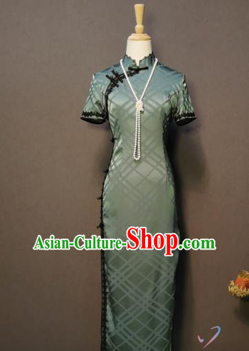 China Stage Performance Green Silk Qipao Dress Classical Dance Costume Women Cheongsam