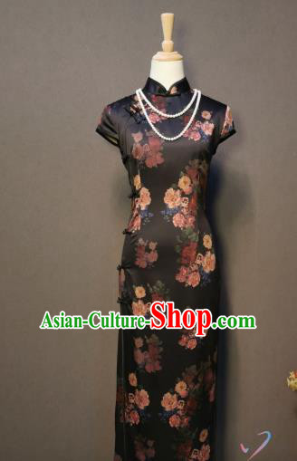 China Printing Peony Black Silk Qipao Dress Classical Dance Costume Women Stage Performance Cheongsam