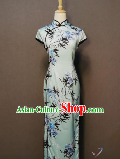 China Printing Bamboo Qipao Dress Shanghai Traditional Long Style Cheongsam Classical Catwalks Clothing