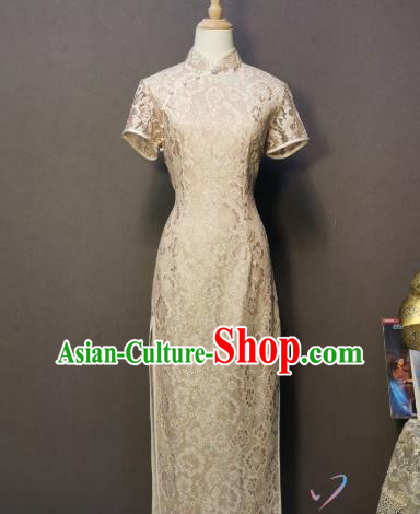 Traditional Shanghai Beige Lace Qipao Dress Republic of China Clothing Classical Dance Cheongsam