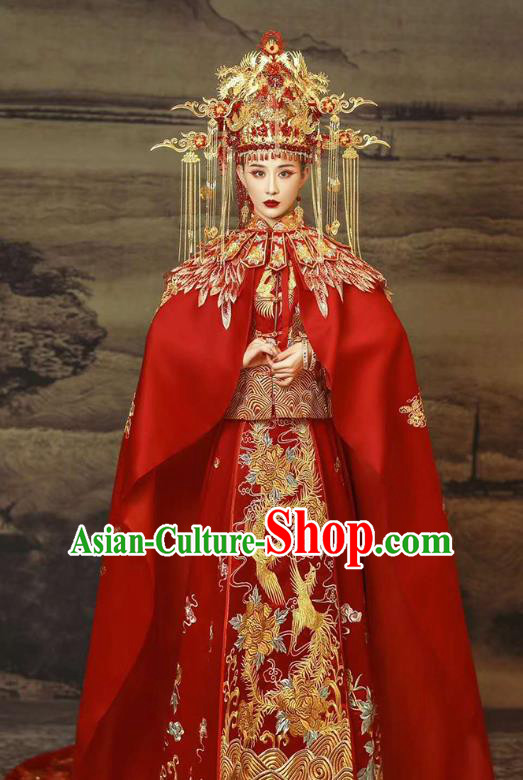 Chinese Wedding Embroidered Red Hanfu Dress Traditional Costumes Bride Xiuhe Suits with Cloak and Headdress Complete Set