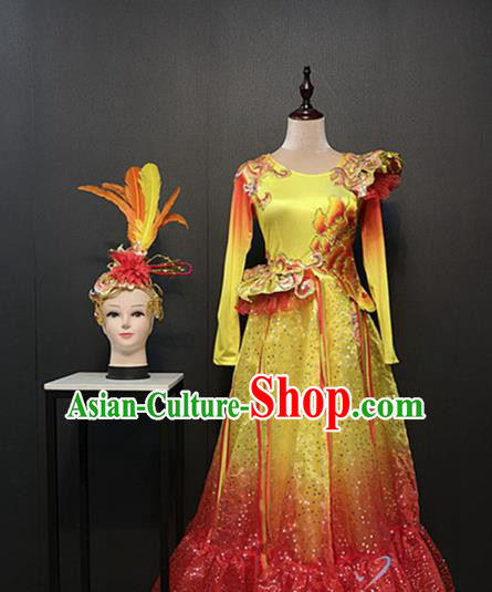 China Women Classical Dance Clothing Spring Festival Gala Opening Dance Costumes Peony Dance Yellow Dress and Feather Headwear