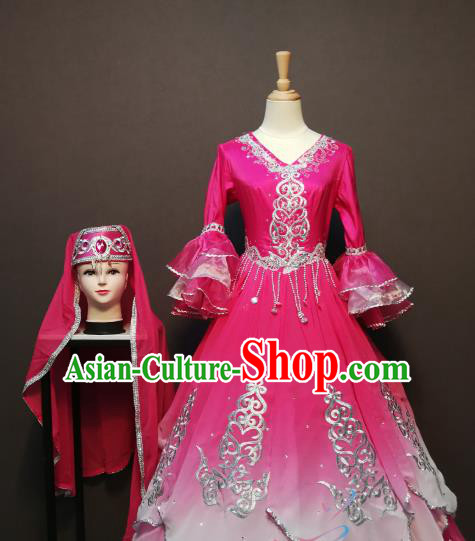 Custom China Xinjiang Ethnic Bride Clothing Traditional Minority Folk Dance Costumes Kazak Nationality Rosy Dress and Hat