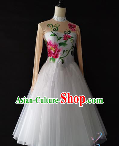 Women Jasmine Flower Dance Clothing China Spring Festival Gala Opening Dance Costumes Embroidered Peony White Dress