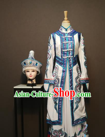 Custom China Mongol Ethnic Clothing Traditional Minority Folk Dance Costumes Mongolian Nationality Women White Dress and Hat