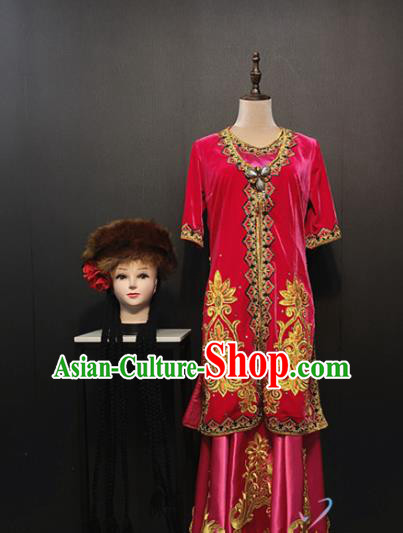 Custom China Xinjiang Ethnic Clothing Traditional Minority Folk Dance Costumes Uyghur Nationality Rosy Gown and Dress with Hat Full Set