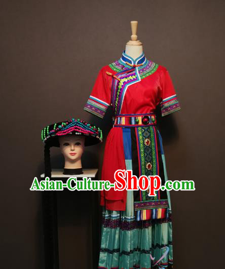 Custom China Xiangxi Tujia Ethnic Clothing Traditional Yao Minority Costumes Nationality Folk Dance Outfits and Headwear