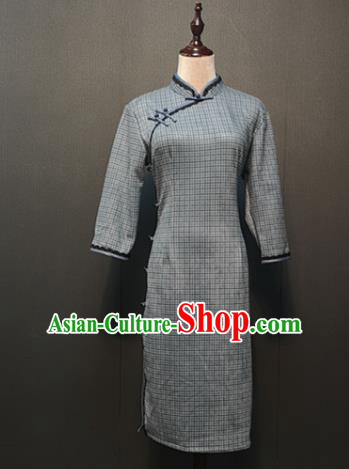 Republic of China Women Qipao Dress Drama Performance Dance Clothing Grey Suede Fabric Cheongsam