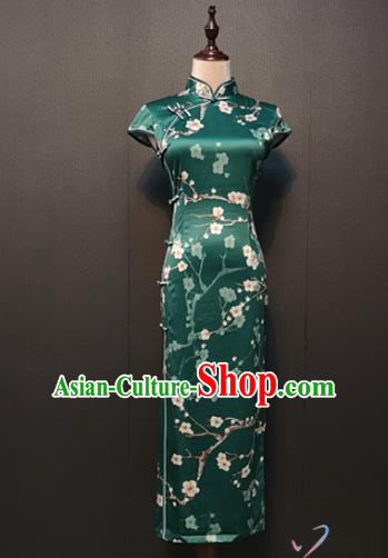 Republic of China Plum Blossom Pattern Green Silk Cheongsam Drama Performance Classical Dance Clothing Shanghai Qipao Dress