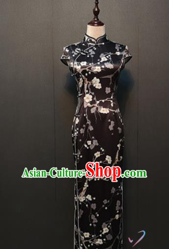 Republic of China Black Silk Cheongsam Drama Performance Classical Dance Clothing Shanghai Plum Blossom Pattern Qipao Dress