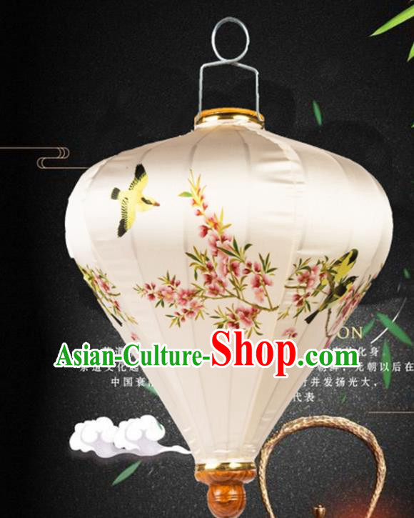 Handmade Chinese Printing Peach Blossom Birds Palace Lanterns Traditional New Year Lantern Classical Festival White Satin Lamp