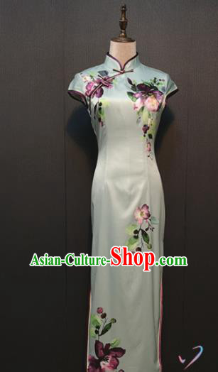 Custom Printing Flowers Light Green Silk Cheongsam Drama Performance Clothing Republic of China Women Classical Qipao Dress