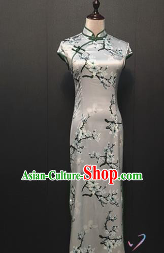 Custom Printing Magnolia Gray Silk Cheongsam Drama Performance Clothing Republic of China Classical Young Mistress Qipao Dress