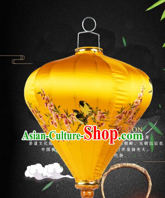 Handmade Chinese Printing Peach Blossom Birds Palace Lanterns Traditional New Year Lantern Classical Festival Golden Satin Lamp