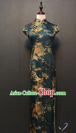 Custom Shanghai Rich Women Dark Green Silk Cheongsam Drama Performance Clothing Republic of China Young Mistress Qipao Dress