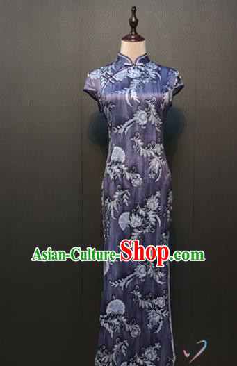 Custom Shanghai Young Lady Purple Silk Cheongsam Drama Performance Clothing Republic of China Classical Printing Qipao Dress
