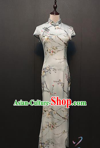 Custom Young Lady Cheongsam Drama Performance Clothing Republic of China Classical Printing White Silk Qipao Dress
