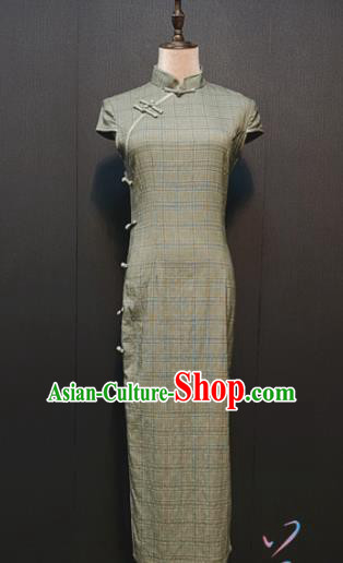 Custom Women Green Grid Cheongsam Drama Performance Classical Dance Clothing Republic of China Civilian Female Qipao Dress