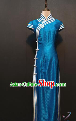 Custom Drama Women Royalblue Silk Qipao Dress Stage Performance Clothing Republic of China Classical Cheongsam
