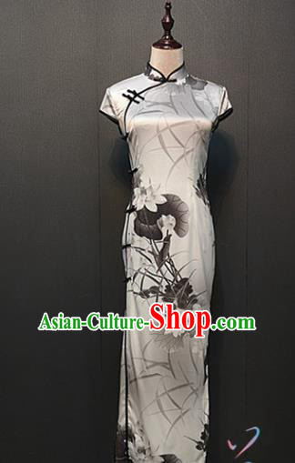 Custom Ink Painting Lotus White Silk Qipao Dress Stage Performance Clothing Republic of China Drama Classical Cheongsam