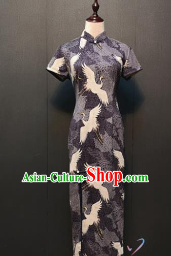 Custom Young Mistress Purple Qipao Dress Stage Performance Clothing Republic of China Drama Classical Printing Cranes Suede Fabric Cheongsam