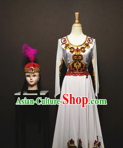 Custom China Uyghur Ethnic Clothing Traditional Minority Folk Dance Costumes Xinjiang Nationality White Dress with Hat Full Set